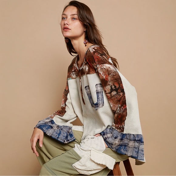 POL Tops - POL Round Neck Plaid Contrast Star Patch Solid
